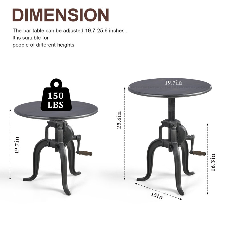 Table de bout en fer antique avec manivelle industrielle, Argent argent