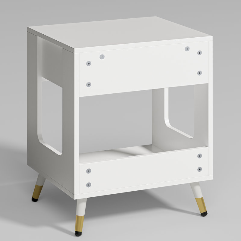 Table de chevet cannelée à tiroir simple avec rangement ouvert et pieds dorés, Blanc
