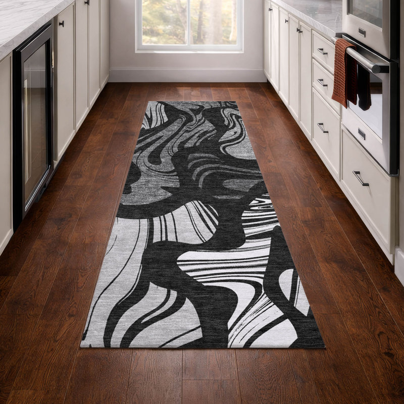 Machine Washable Indoor/Outdoor Chantille ACN2852 Abstract Rug, Black, 2'3" x 7'6" Runner