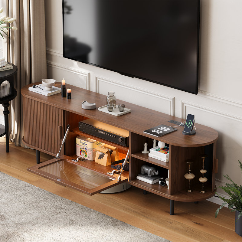 TV Stand for TVs up to  With Glass Flip Doors, LED Lights & Hidden Power Strip, Walnut