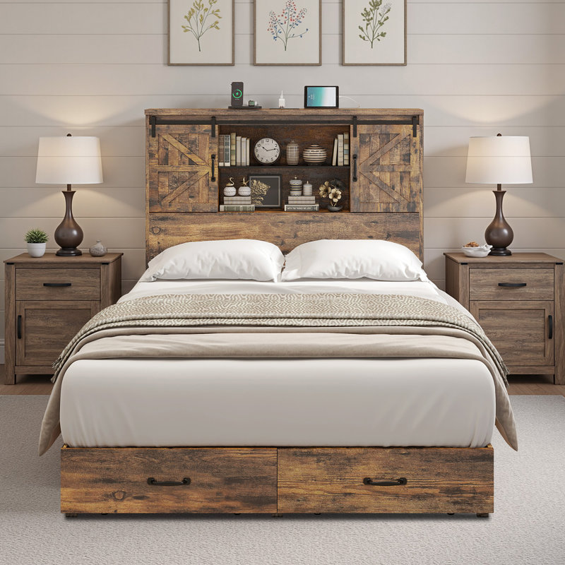 Structure de lit double en bois Tryston Sherell, brun rustique, Brun rustique, Double