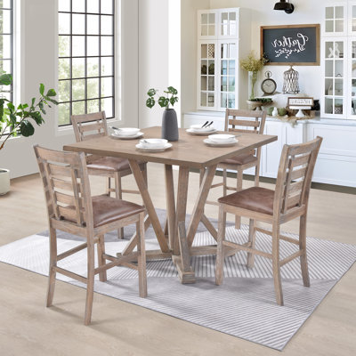 Rustic Farmhouse Counter Height Dining Set - 5 Piece Wood Table and Ladder-Back Chairs with Upholstered Seats