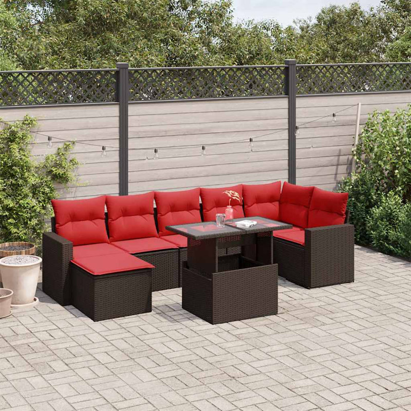 Ensemble de canapé de patio 8 pièces avec coussins en rotin de polyester, Rouge, Brun