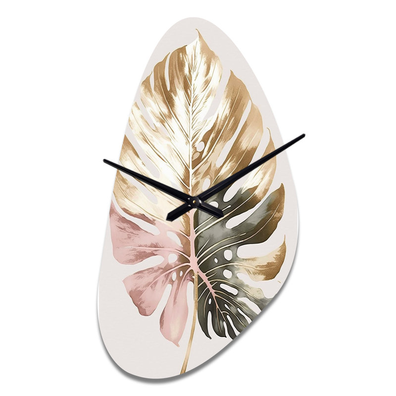 Or et blanc Philodendron feuille II - horloge murale traditionnelle de forme unique, horloge murale dorée, Moyenne