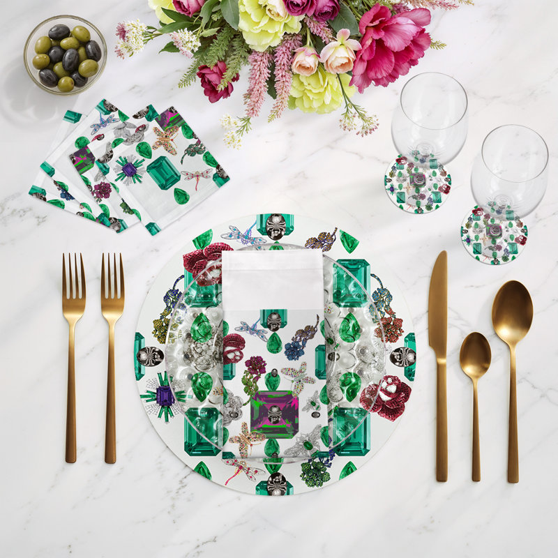 Jewel Box Emeralds Vegan Leather Round Beaded Placemat, White