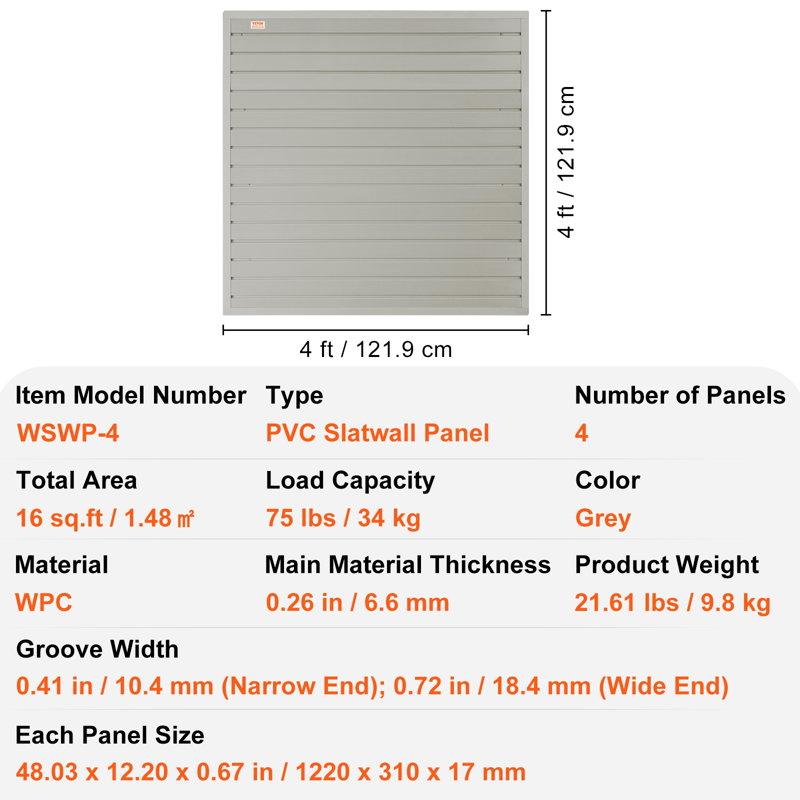 Trimmable Plastic Slatwall, 48" H x 48" W x 0.80" D