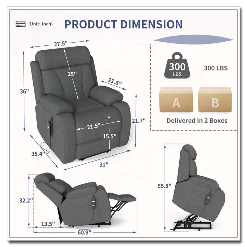 Fauteuil inclinable électrique Power Lift, Tissu velours flocon de neige, Gris foncé