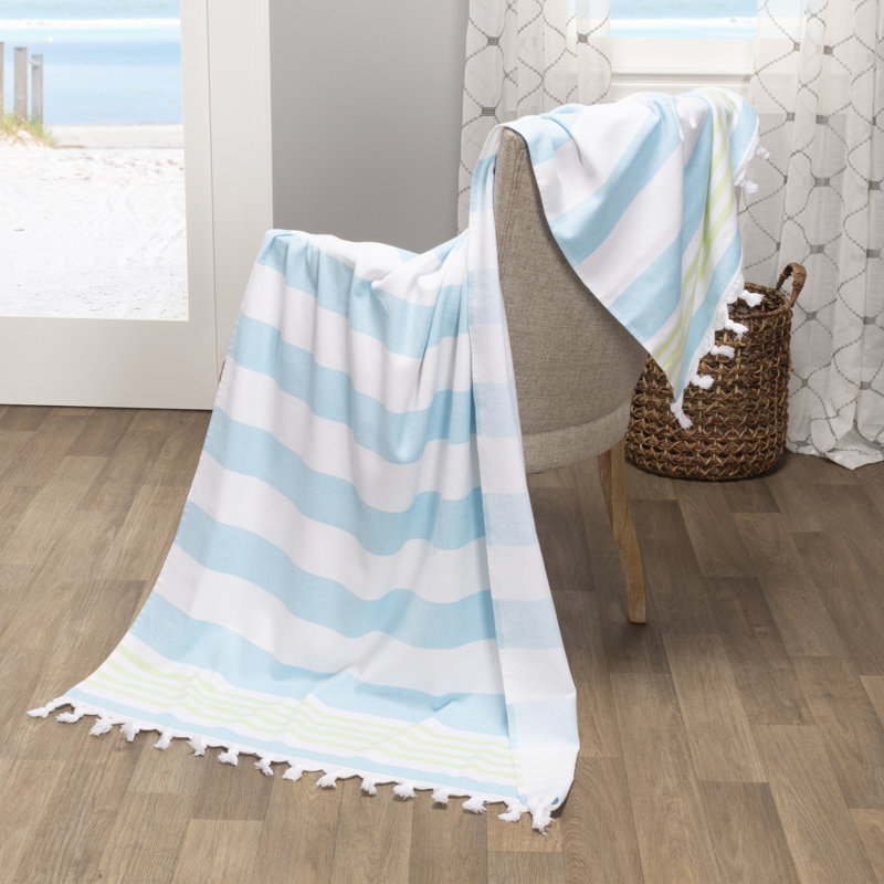 Marlene Stripe Coastal Resort with Tassels Cotton Beach Towel, Blue