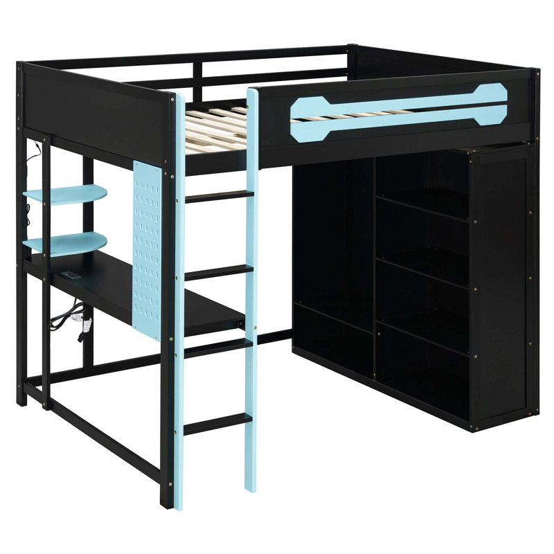 Lit mezzanine double en bois pleine grandeur avec bureau intégré, garde-robe ouverte, tablettes et éclairage RVB personnalisable pour des espaces d'étude et de jeu efficaces.