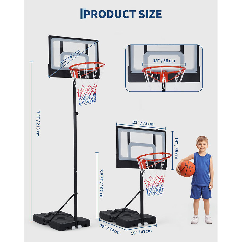 Panier de basket portatif et réglable, hauteur de 97 à 220 cm, panneau incassable en polycarbonate de 74 cm, base à roulettes, système de basket intérieur/extérieur pour enfants et adultes