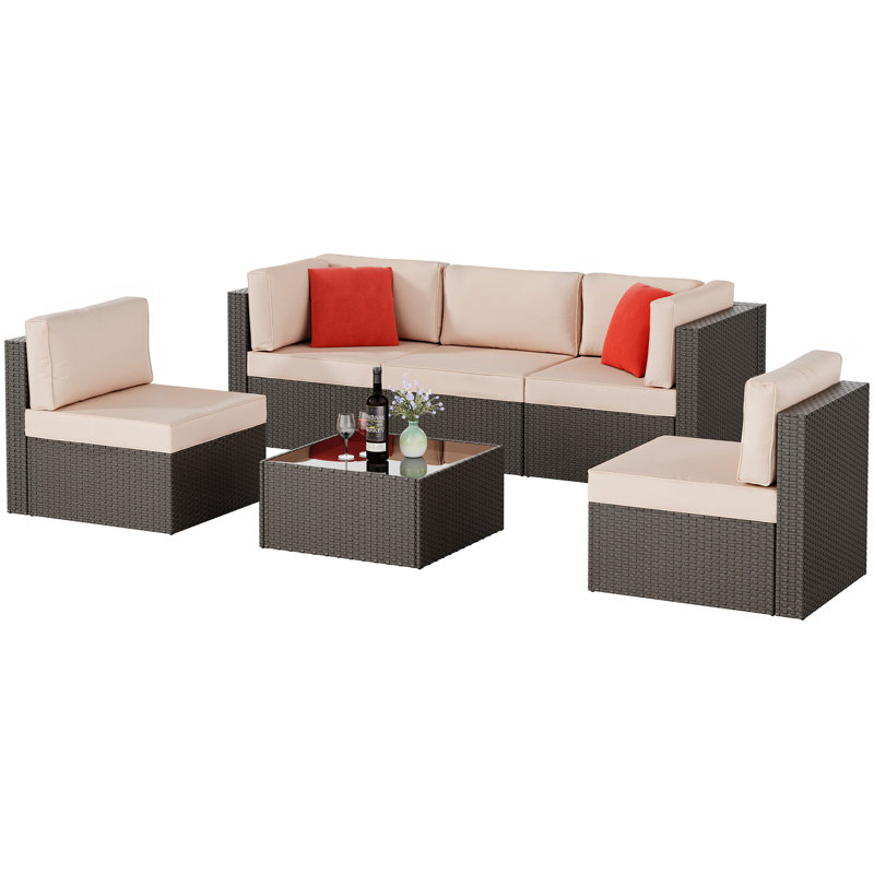 Ensemble de canapé modulaire d'extérieur modulaire - Osier PE résistant aux intempéries avec table en verre trempé, Brun