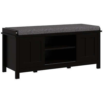 Entryway Shoe Storage Bench - Black, 6 Compartments Padded Seat With Soft Cushion, Adjustable Shelving, Sliding Doors, Holds 10 Pairs Seat, Accommodates