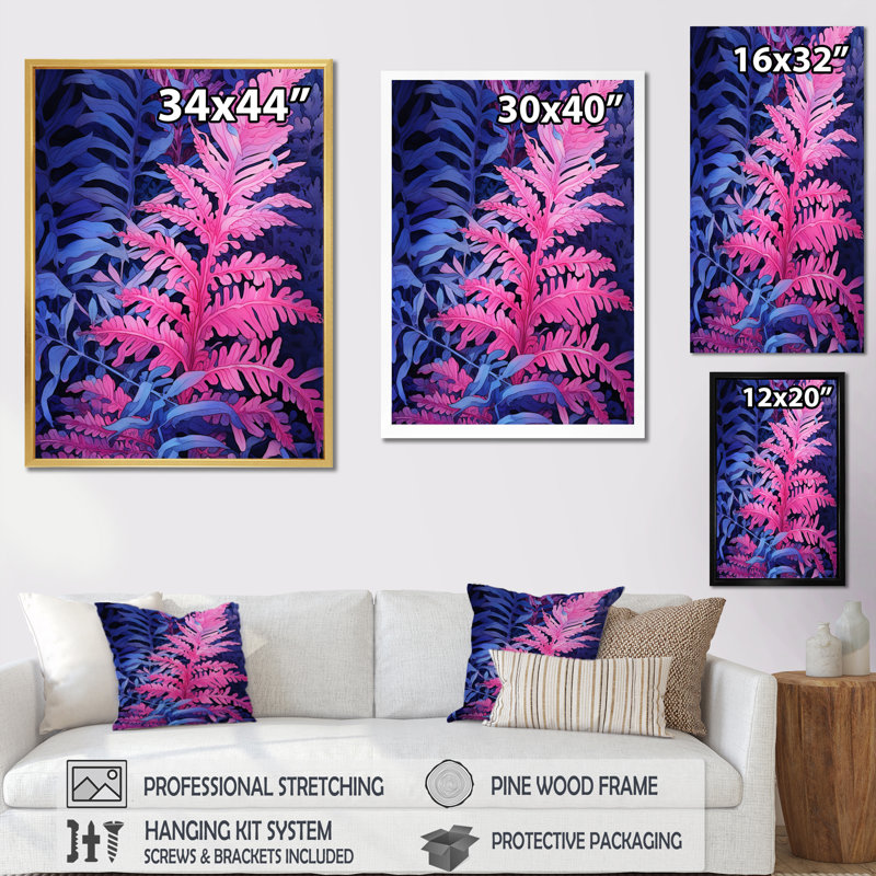 Fond de fougère rose bleue sur toile, Cadre simple blanc, H 32 po x l 16 po x P 1 po