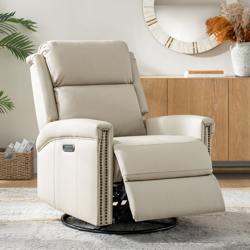 Volodia Transitional Genuine Leather Dual Motor Power Swivel Rocker Recliner with Adjustable Headrest, Beige