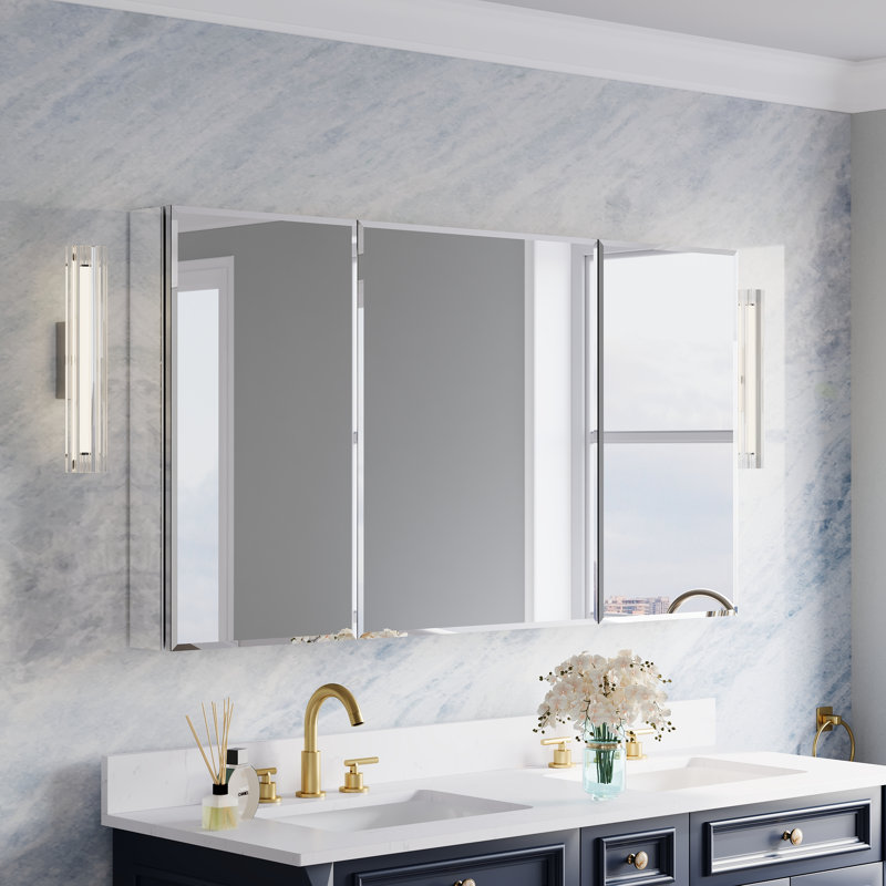 Ensemble miroir de salle de bain encastré ou en saillie de 56 po L x 30 po H avec armoire à pharmacie biseautée et étagères en verre ajustables