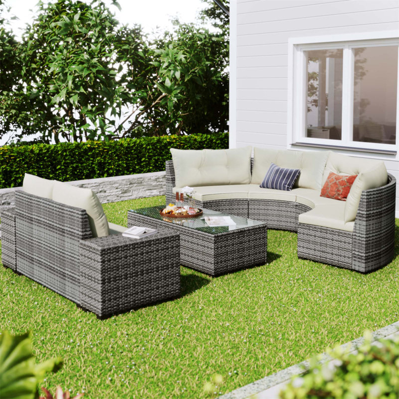8-Pieces Outdoor Wicker Round Sofa Set, Half-Moon Sectional with Weather-Resistant PE Rattan and Rectangular Coffee Table, Movable Cushions