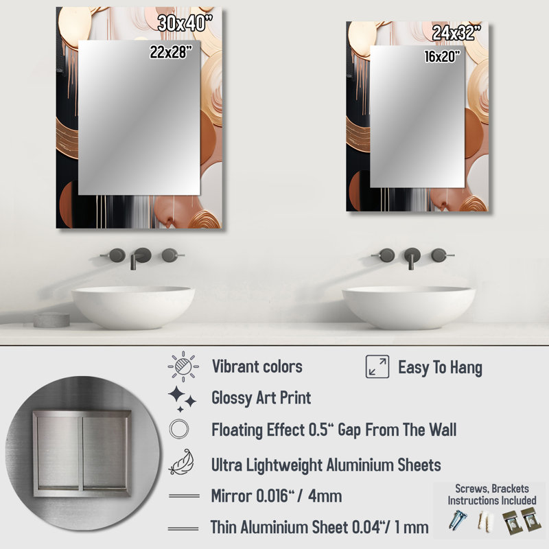 Gold and white Abstract shapes harmony V - Abstract Shapes Wall Mirror, Gold Decorative Mirror, Printed Metal Art, 32" x 24"