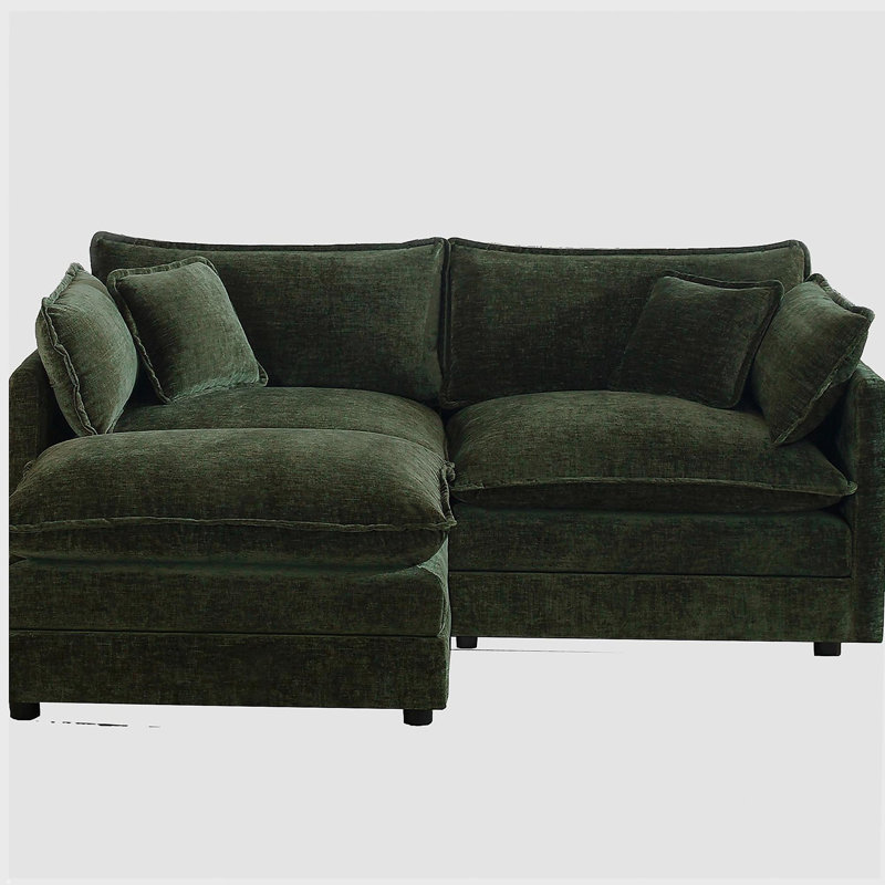 Canapé à deux places avec repose-pieds Chenille, canapé modulaire en L avec repose-pieds 2 places, causeuse avec repose-pieds pour petit espace de vie, chenille verte