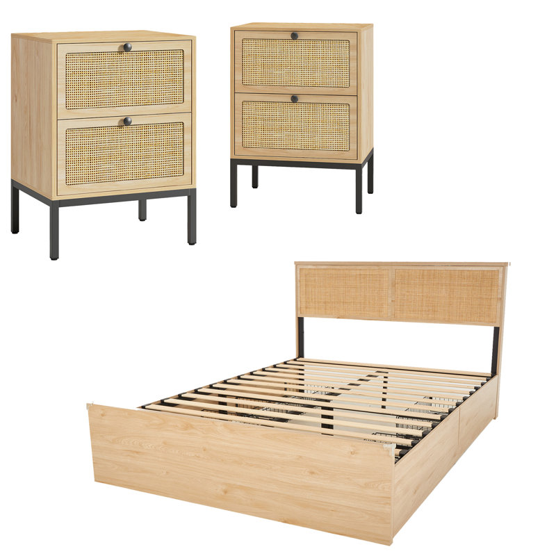 Boho Natural Rattan Bedroom Set, Grand lit, Trois pièces : lit, 2 tables de chevet