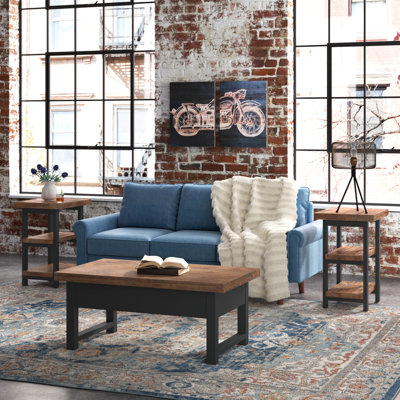 Rundell Pomona Rustic Industrial Solid Pine Wood 3 Piece Living Room Set w/ 42 in. W Lift Top Coffee Table & Two End Tables w/ Shelves, Natural Solid -  Trent Austin Design®, D00E56EE992F4572B9B7A3D2C909D31C