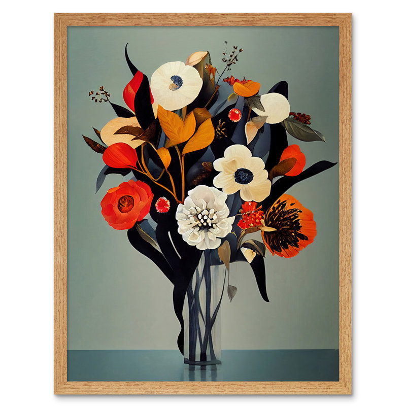 Winter Flower Floral Bouquet Modern - Rectangle Print, 43cm H x 33cm W x 2cm D, Light Brown Framed Paper