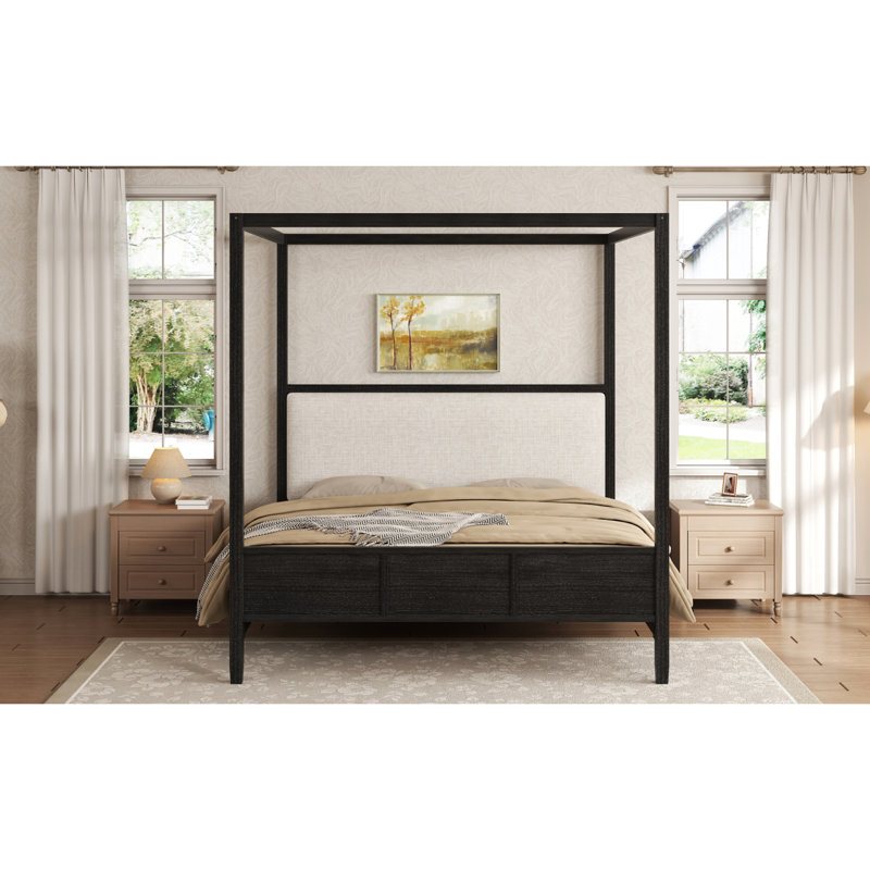 Grand lit plateforme à baldaquin en bois avec tête de lit tapissier, sans sommier, noir (ETA: 6/5), Black, Queen