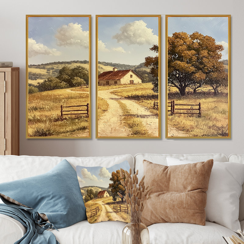 Texas Ranch Horizon II - ensemble d'art mural Texas, H 40 po x l 60 po, Reproduction avec cadre flottant, Doré