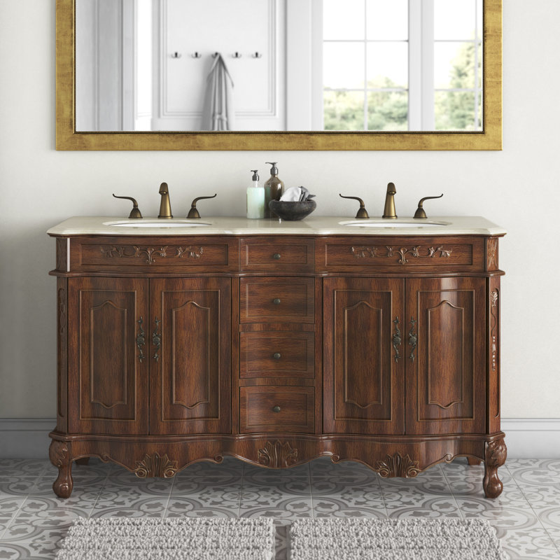 60'' Double Bathroom Vanity with Marble Top, Teak