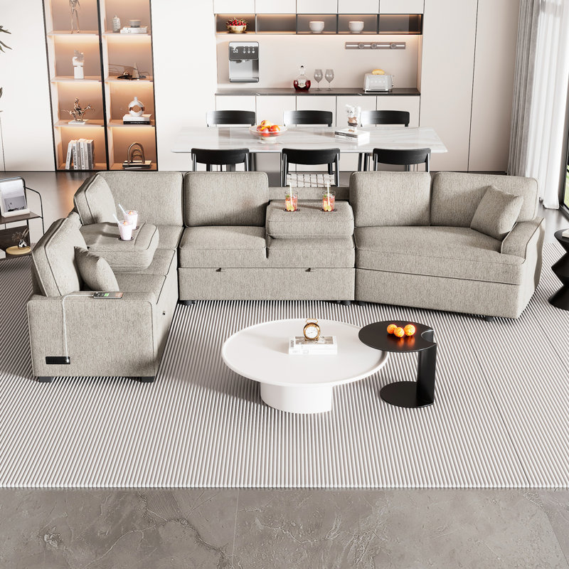 Beige en forme de L de 126 po avec lit escamotable, porte-gobelets, lit d'appoint à chargement, mobilier de chambre