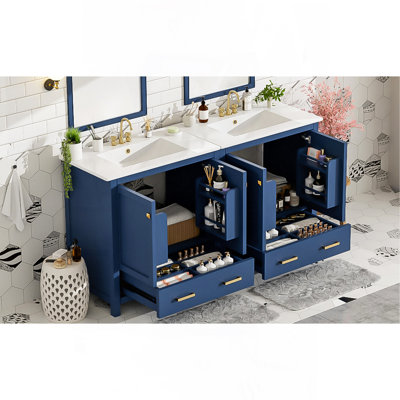 60" Blue Bathroom Vanity Set With Double Vanities (Separate), Double Ceramic Sinks, Storage Shelf, And Divided Drawers  (Mirror Not Included)– Modern Bathroom Solution For Spacious Bathrooms