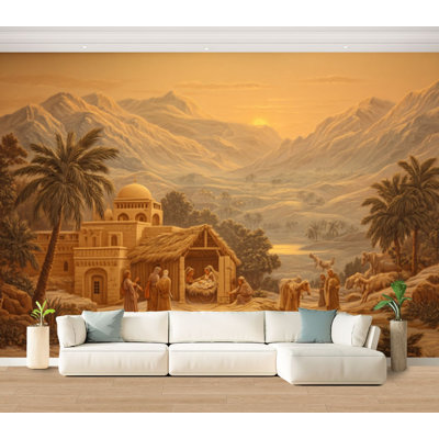Wall Mural Peel and Stick Wallpaper Scene Shepherds Baby Manger Angels Desert Self-Adhesive Removable Contact Paper Wall Decor for Living Room Bedroom 100"H x 144"W