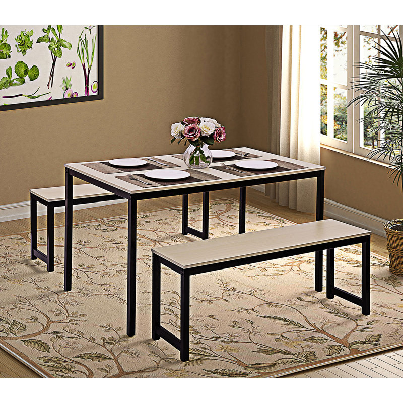 Ensemble de salle à manger 3 pièces avec deux bancs, Beige, Beige / noir