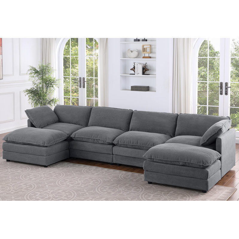 6 - Piece U Shape Sectional Sofa Cloud Couch With Removable Ottomans, Gray Corduroy