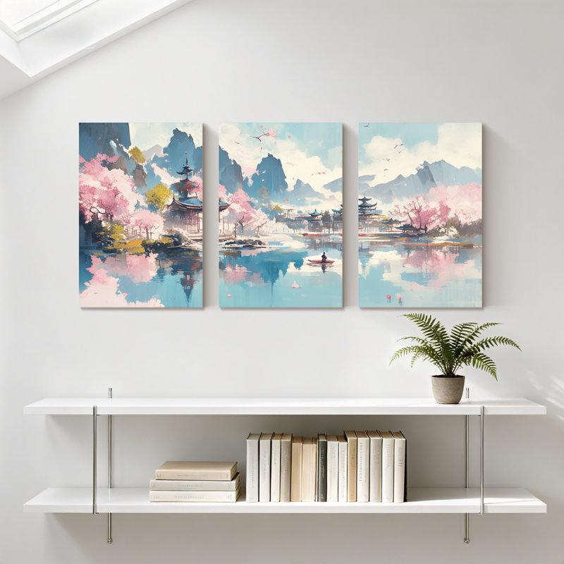 Paysage et nature Cherry Blossom Temple Lake Reflection Mountains Boat Sky, ensemble de 3 impressions sur toile