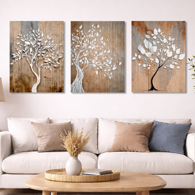 Arbre de vie blanc sur bois - ensemble de 3 reproductions d'art mural en métal