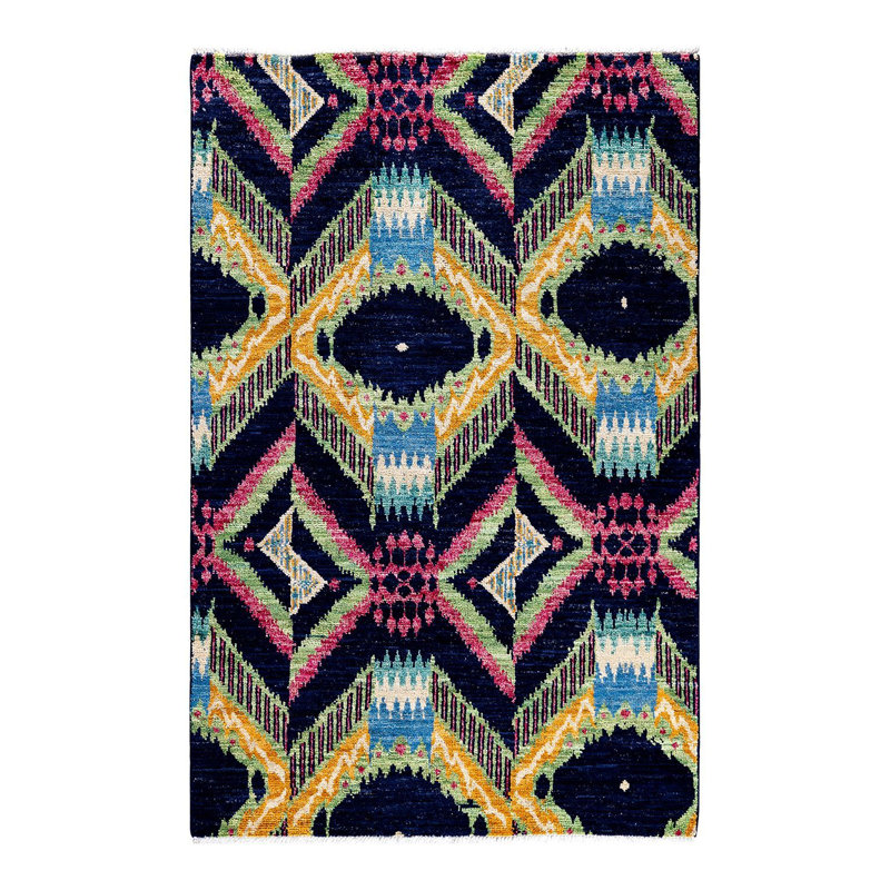 Tapis unique bleu marine / rose / jaune / ivoire surteint de 4 pi 1 po x 6 pi 2 po Overdyed