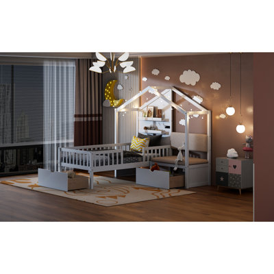 Twin House Bed With Upholstered , Charging Capacity, Wireless Charging, Shelves, 2 Drawers, White For Space Framework Function, Two Continuance