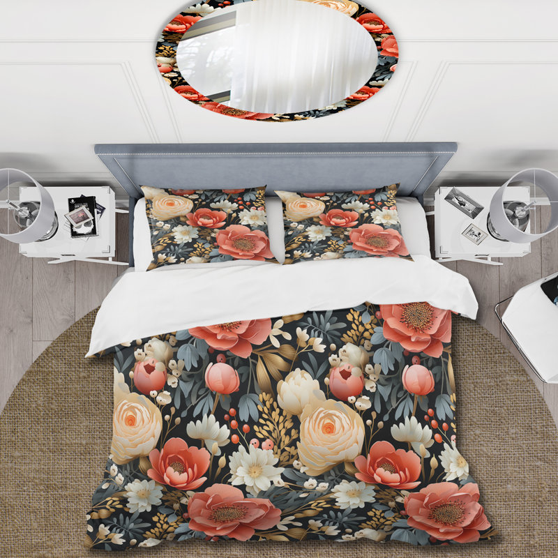 Ivoire et rouge Boho Chic Floral Motif III - Ensemble de housse de couette floral - Microfibre de polyester