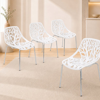 Hadda Dining Chair, Modern Polypropylene Kitchen Chair with Tree-Inspired Cutout Back, Stainless Steel Legs, Chrome Finish, Stackable Dining Room Side Chair