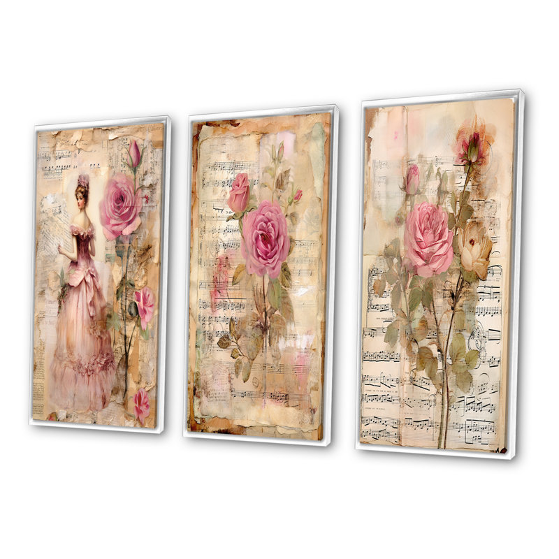 Victorian Lady Roses, ensemble de 3 reproductions d'art - Victorian Lady Pink Roses, Cadre flottant blanc, H 28 po x l 36 po