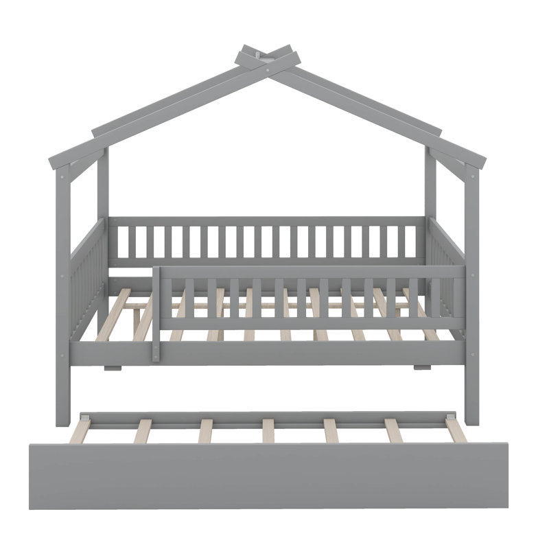 Wooden House Bed with Trundle, Full, Gray