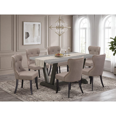 7-Piece Dining Room Table Set with Limelight Linen Fabric Seat and Button Tufted Chair Back Parson Chairs and Cement Dining Table - Wire Brushed Black Finish