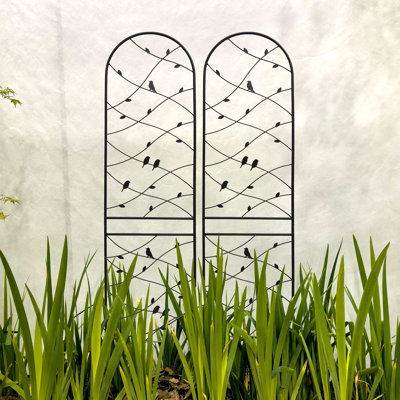 Ensemble de 2 treillis de jardin en métal 86,7 "x 19,7" support antirouille pour plantes grimpantes et fleurs d'extérieur, décoration oiseau noir