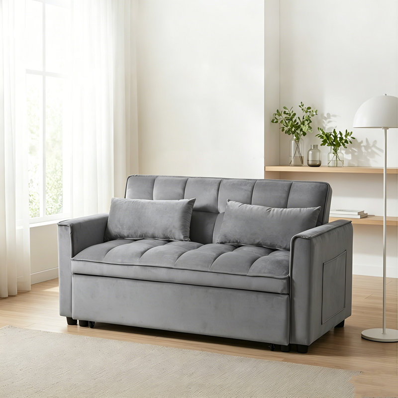 Canapé-lit convertible en velours, causeuse 3 en 1 gris ciment avec lit escamotable, Gris