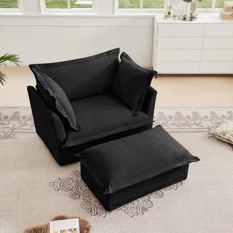 Fauteuil en chenille avec repose-pieds large, assise profonde et grands coussins moelleux, ensemble de 2, Black