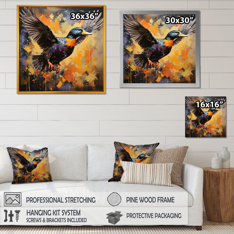 «Vintage Duck Flight At The Pond IV», art mural animaux de canard, Cadre simple argenté, H 16 po x l 16 po x P 1 po