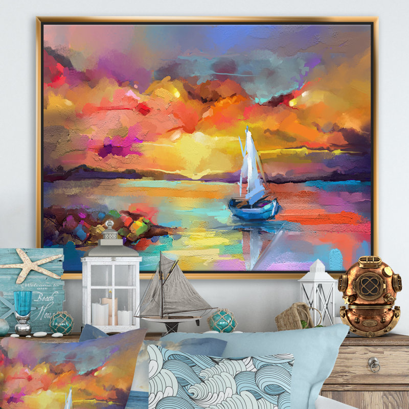 Coucher de soleil, peinture avec reflets colorés II - reproduction d'art sur toile, H 24 po x l 32 po, Toile encadrée, Doré