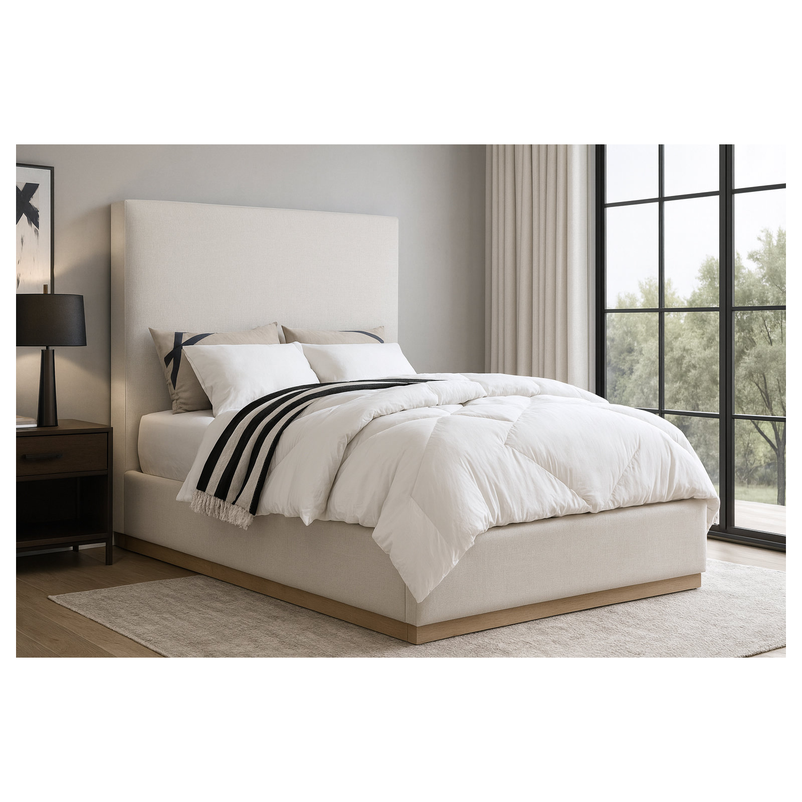 Citori Upholstered Panel Bed, Cream Linen Textured Fabric, Full / Double