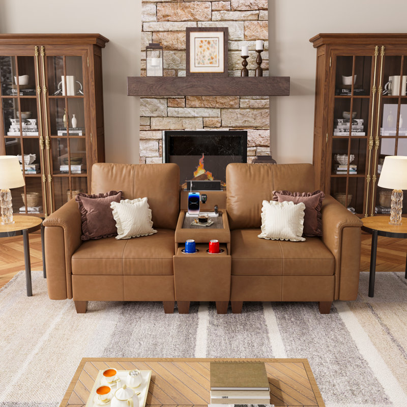 Canapé modulaire 78 po en similicuir 2 places avec rangement et console, brun 78 po, Brown Faux Leather