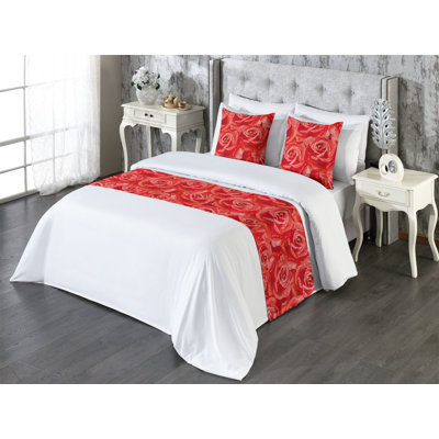 Ambesonne Floral Design Bed Runner Set Dreamy Rose Scene Art Dark Coral White